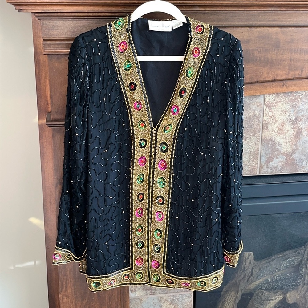 100% silk gorgeous beaded embellished formal evening jacket Laurence Kazar L